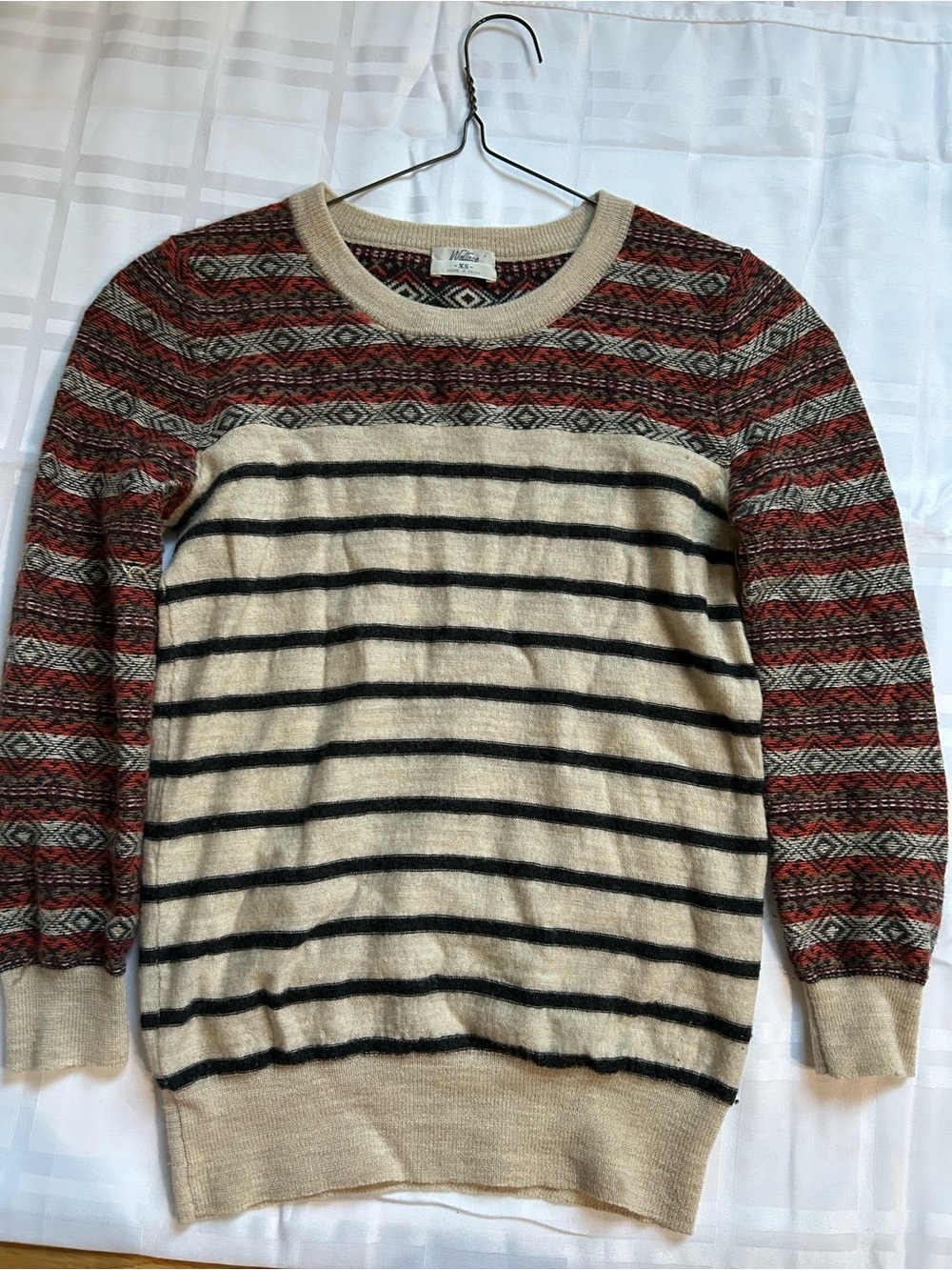 Wallace Striped Crewneck Sweater with Patterned Red Sleeves Merino Wool
